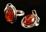 Amber matching ring and pendant set