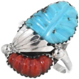 Carved Turquoise Coral Sterling Silver Zuni Ring