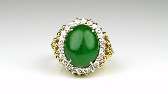Extraordinary Fine Green Jade and Diamond Ring