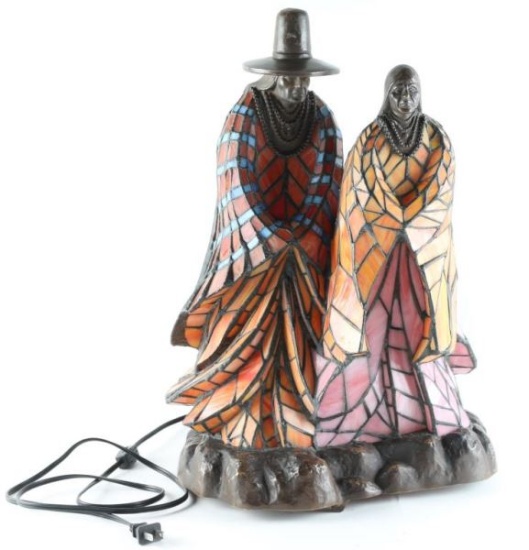 Bronze and Stained Glass Figural Lamp