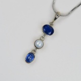 Vibrant Natural Blue Sapphire and Pearl Pendant