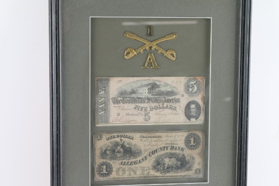 Framed U.S Money & Cavalry Insignia
