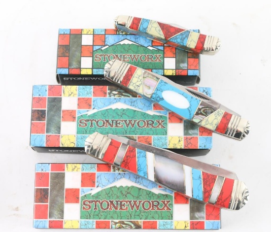 Four Rough Ryder Stoneworx Pocket Knives.