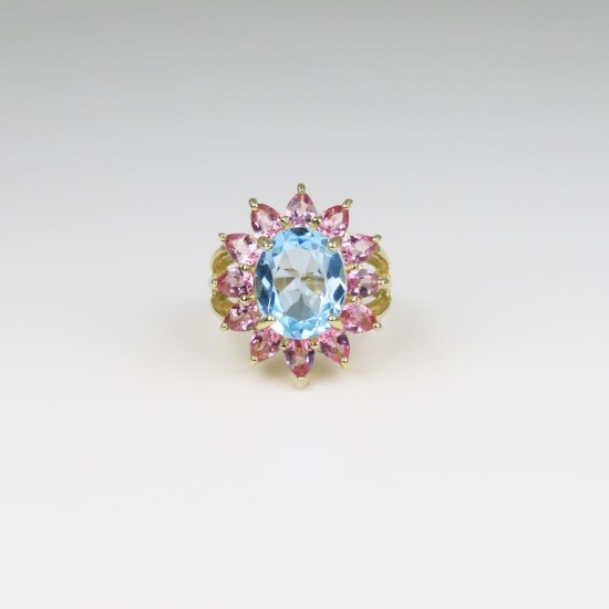 Vibrant Blue Topaz and Pink Tourmaline Ring