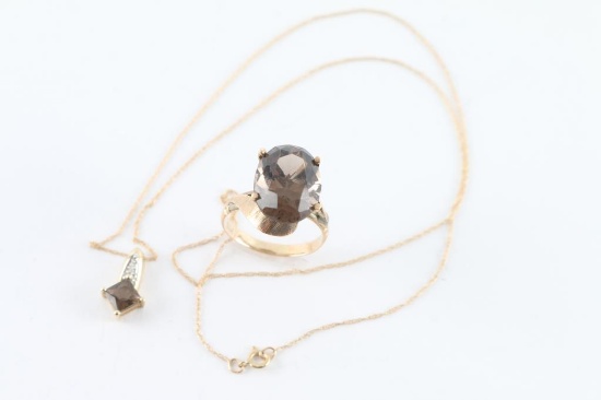 Ladies Smoky Topaz Ring And Necklace