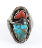 Zuni Effigy Turquoise & Coral Ring