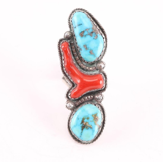 Navajo Turquoise & Coral Ring