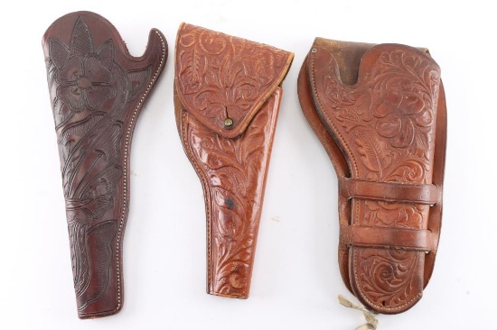 3 Tooled Leather Holsters & Butt Plates.