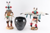 Lot of Blackware Pot and 2 Kachinas.