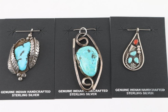 Lot of 3 Sterling & Turquoise Pendants.