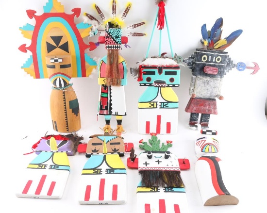 Lot of 10 Large Kachinas and a Headdress.