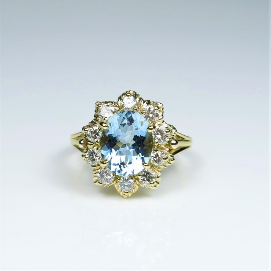 20CAI-4 BLUE AQUAMARINE & DIAMOND RING