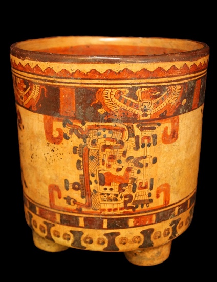 Large and nice 8 3/4" x 7 3/4" Polychrome Tri-leg Mayan Cylinder. Excellent artwork.