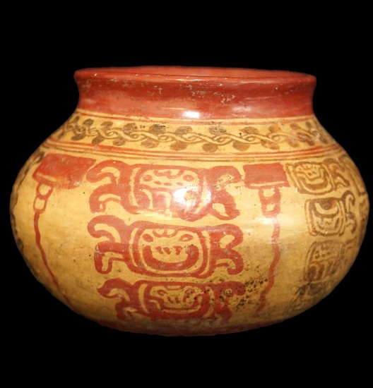 3 5/8" x 4 3/4" Polychrome Mayan Jar with Crab and Turtle effigies on exterior. Intact solid conditi