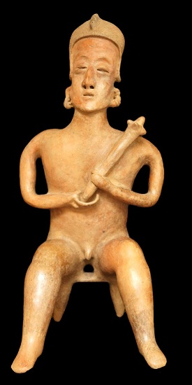 Large and impressive! 23 1/2" Tall x 11" Wide San Sebastian Red Style Nayarit seated Male figure.