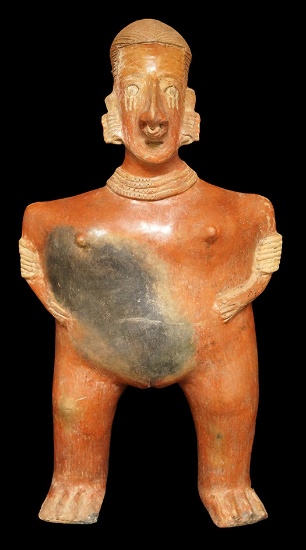 Very Large & impressive 24" x 12" Nayarit Female Figure with arm bands, necklace, adornments.