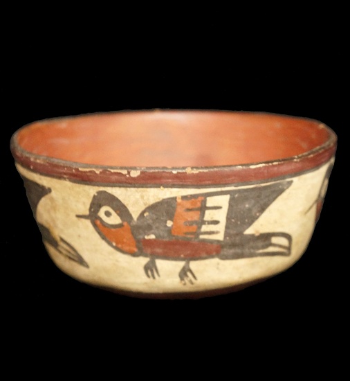 2" x 4 1/4" Nazca thin walled bowl with very nice aviary themed paint.  Recovered in Peru.