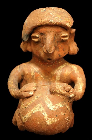 6 1/2" x 4 1/4" Nayarit pottery figure with elaborate head gear - Ixtlan Del Rio Style.