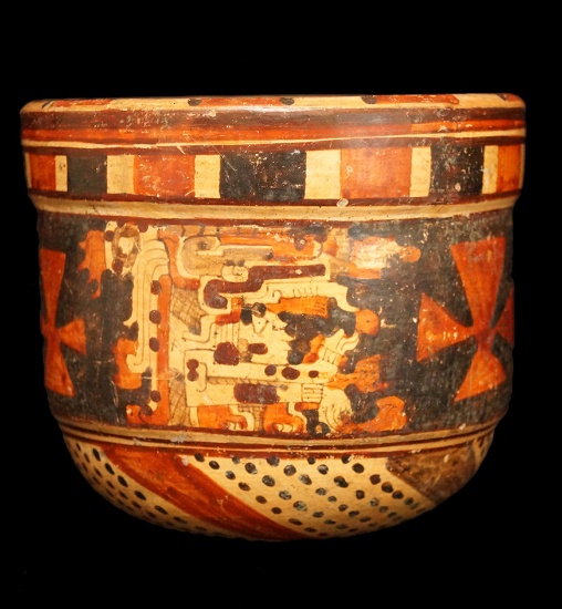 5" x 6" Polychrome Mayan Bowl with protruding rim. The artwork is very intricate.