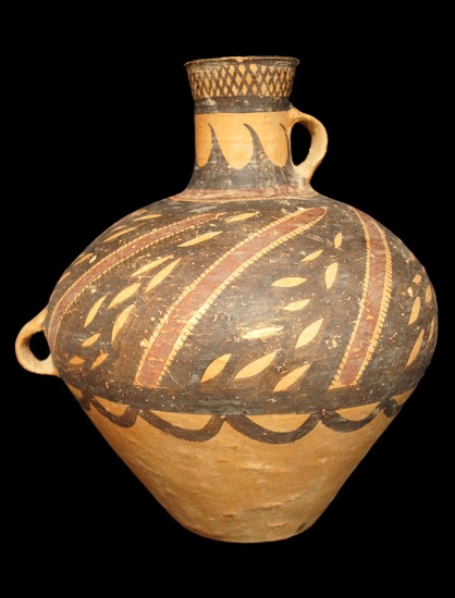 Very large 13 1/2" x 12" Neolithic Chinese Strap Handled Bottle with very nice Polychrome Paint.
