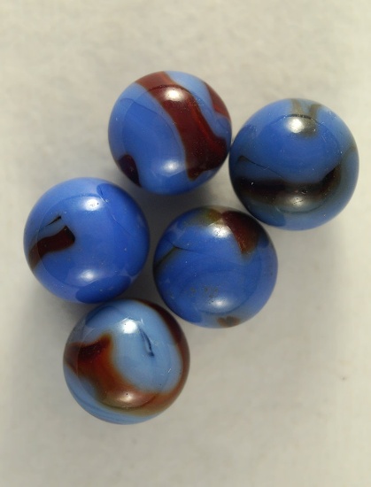 Set of 5 Blue & Orange Marble King Marbles, largest is 5/8".