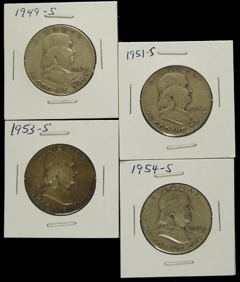 1949-S, 1951-S, 1953-S and 1954-S Franklin Half Dollars VG-F