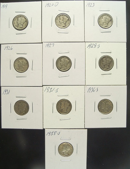 1919, 1920-D, 1923, 1926, 1927, 1928-S, 1931, 1931-S, 1936-S and 1938-S Mercury Dimes VG-XF