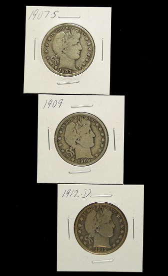 1907-S, 1909 and 1912-D Barber Half Dollars G-VG+