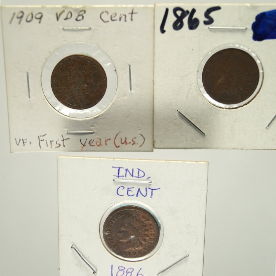 1909-VDB Lincoln Wheat Cent and 1865 & 1886 Indian Cents G-VG