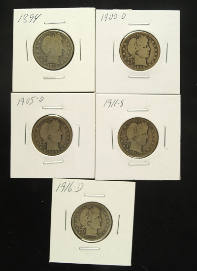 1894, 1900-O, 1905-O, 1911-S and 1916-D Barber Quarters AG-G+