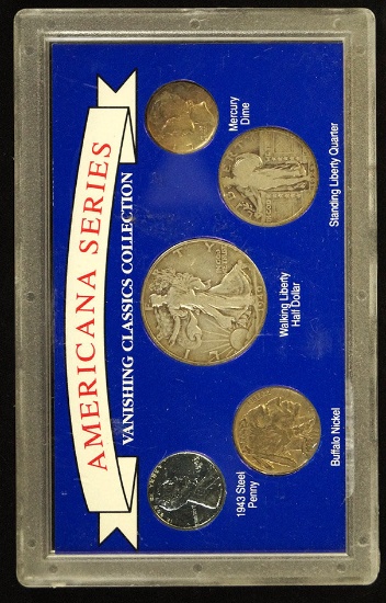 1943-S Steel Cent, 1935 Buf. Nickel, 1943 Merc. Dime, 1925 St Lib. Qtr and 1940 W Lib. Half Dollar