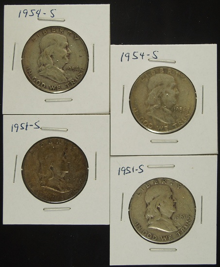 2- 1951-S and 2- 1954-S Franklin Half Dollars VG-F
