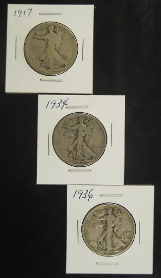 1917, 1934 and 1936 Walking Liberty Half Dollars AG-F