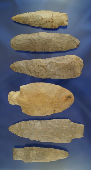 Group of 6 Assorted Arrowheads & Knives, largest is 3 7/8". Found in Trigg Co., KY.Ex. Staples.