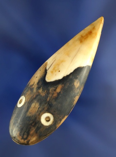 Unique 2 13/16" bone fishing lure with shell eyes found in British Columbia.