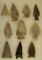 Set of 10 assorted Arrowheads from various locations, largest is 2 3/16