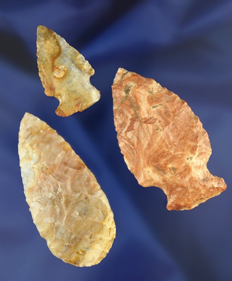 Set of 3 Colorful Flint Ridge Flint Points with nice color, Richland Co., Ohio. Largest is 2 7/16".