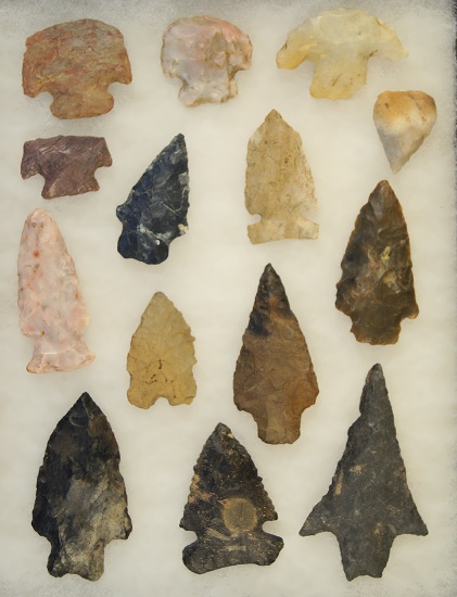 Set of 14 assorted flint Arrowheads and Hafted Scrapers found in Ohio, largest is 2 5/8".