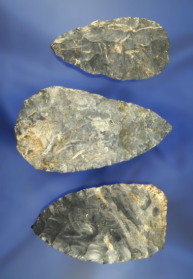 Set of 3 Coshocton Flint Blades found in Muskingum Co., Ohio by William Lanning. Largest is 3 3/16".