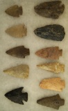 Set of 11 assorted Midwestern Arrowheads, largest is 3 1/16