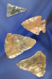 Set of 4 assorted Arrowheads made from Pipe Creek  & Glacial Drift Flint found in Ohio. Largest is 2