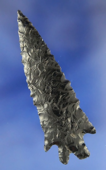3 1/8" Well flaked Obsidian Elko Split-stem found near Ft. Rock Valley, Lake Co., Oregon. Ex. Wolff.