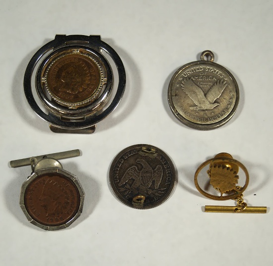 Group of 5 pieces of Coin Jewelry, including 3 Indian Head Pennies & 2 Quarters.