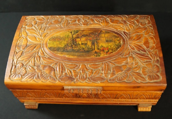 Wooden carved jewerly box with oval country cottage. 101/2' x 61/2' x 41/2.