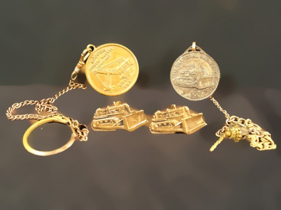 Group of Assorted Jewelry including 2 Watch Fobs, 2 Watch Chains & 2 Bulldozer Cuff Links.