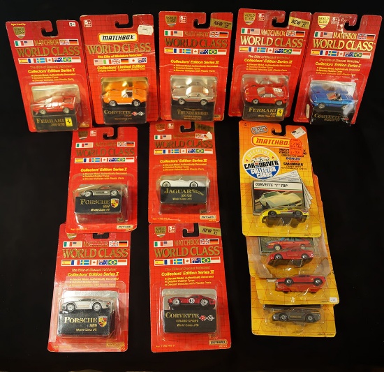 Large Group of 13 1989 World Class Matchbox Cars still in Original Packaging.