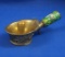 Oriental pan iron, brass, painted picture on handle, intricate design on base, 4 7/8