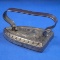 Little spade shaped French iron with crowing rooster , strap handle, cast iron, 2 1/2