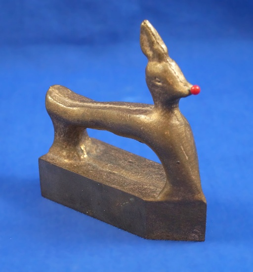 Little Rudolf the reindeer toy iron, solid brass, Ht 4", 3 3/4" long
