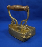 Box iron, brass, wood handle, swing gate, Ht 6 1/4